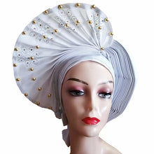 Load image into Gallery viewer, African Headtie Already Made Auto Gele Gold Headtie Turban Cap With Beads And Stones