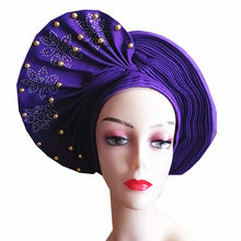 Load image into Gallery viewer, African Headtie Already Made Auto Gele Gold Headtie Turban Cap With Beads And Stones