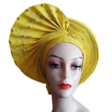 Load image into Gallery viewer, African Headtie Already Made Auto Gele Gold Headtie Turban Cap With Beads And Stones