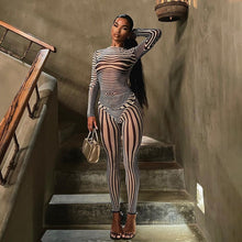 Load image into Gallery viewer, Sexy Hipster Long Sleeve O-Neck Female Streetwear Outfits Mesh Striped Two Piece Set Women Sheath Body-Shaping High Street