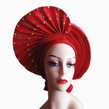 Load image into Gallery viewer, African Headtie Already Made Auto Gele Gold Headtie Turban Cap With Beads And Stones