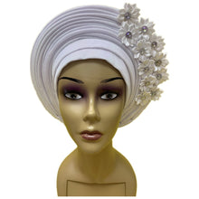 Load image into Gallery viewer, Gold Headtie Gele Nigerian African Hat Aso Oke Auto Gele Headtie Already Made Turban Cap for Women 1 Set