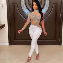 Load image into Gallery viewer, Kricesseen Sexy Black Crystal Diamond Skinny Long Pant Jumpsuit Women One Sleeve See Through Romper Clubwear Fitness Outfits