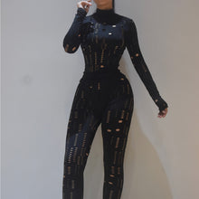 Load image into Gallery viewer, Women Autumn Biker Style Two Piece Set Hollow Out Long Sleeve Turtleneck Top+Solid Sheath Stretchy Waist Female Pants