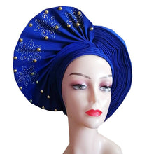 Load image into Gallery viewer, African Headtie Already Made Auto Gele Gold Headtie Turban Cap With Beads And Stones