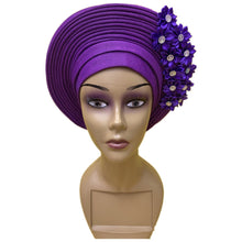 Load image into Gallery viewer, Gold Headtie Gele Nigerian African Hat Aso Oke Auto Gele Headtie Already Made Turban Cap for Women 1 Set