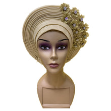 Load image into Gallery viewer, Gold Headtie Gele Nigerian African Hat Aso Oke Auto Gele Headtie Already Made Turban Cap for Women 1 Set