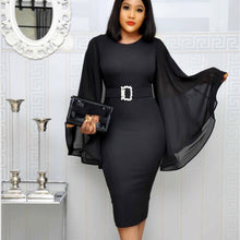Load image into Gallery viewer, Black Elegant Party Dress Women 2019 Black Office Fashion Chiffon Flare Long Sleeve Sexy Bodycon Belt Ladies Autumn Midi Dresses
