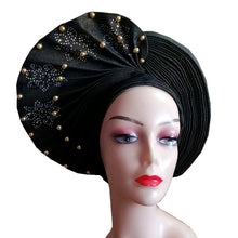 Load image into Gallery viewer, African Headtie Already Made Auto Gele Gold Headtie Turban Cap With Beads And Stones
