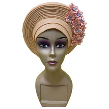Load image into Gallery viewer, Gold Headtie Gele Nigerian African Hat Aso Oke Auto Gele Headtie Already Made Turban Cap for Women 1 Set