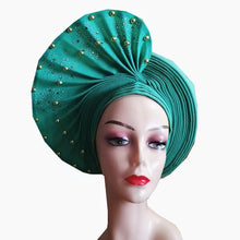 Load image into Gallery viewer, African Headtie Already Made Auto Gele Gold Headtie Turban Cap With Beads And Stones