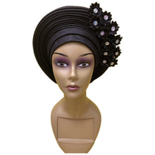 Load image into Gallery viewer, Gold Headtie Gele Nigerian African Hat Aso Oke Auto Gele Headtie Already Made Turban Cap for Women 1 Set