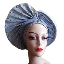 Load image into Gallery viewer, African Headtie Already Made Auto Gele Gold Headtie Turban Cap With Beads And Stones