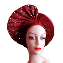 Load image into Gallery viewer, African Headtie Already Made Auto Gele Gold Headtie Turban Cap With Beads And Stones