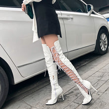 Load image into Gallery viewer, Sexy women knee high boots hollow out summer bootsribbon lace up thigh high boot out strappy gladiator heels