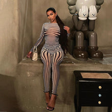 Load image into Gallery viewer, Sexy Hipster Long Sleeve O-Neck Female Streetwear Outfits Mesh Striped Two Piece Set Women Sheath Body-Shaping High Street