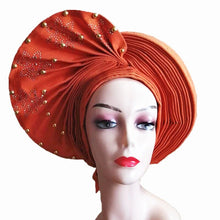 Load image into Gallery viewer, African Headtie Already Made Auto Gele Gold Headtie Turban Cap With Beads And Stones