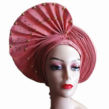 Load image into Gallery viewer, African Headtie Already Made Auto Gele Gold Headtie Turban Cap With Beads And Stones