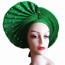 Load image into Gallery viewer, African Headtie Already Made Auto Gele Gold Headtie Turban Cap With Beads And Stones