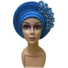 Load image into Gallery viewer, Gold Headtie Gele Nigerian African Hat Aso Oke Auto Gele Headtie Already Made Turban Cap for Women 1 Set