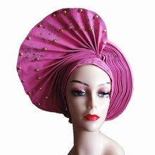 Load image into Gallery viewer, African Headtie Already Made Auto Gele Gold Headtie Turban Cap With Beads And Stones