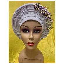 Load image into Gallery viewer, New Blue African Headtie Diamonds Women Turban Cap Muslim Headscarf Already Made to Hijab Turban for Wedding Gele XM420-2