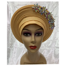 Load image into Gallery viewer, New Blue African Headtie Diamonds Women Turban Cap Muslim Headscarf Already Made to Hijab Turban for Wedding Gele XM420-2
