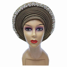 Load image into Gallery viewer, Latest Blue African Hijab Caps with Diamonds Already Made Aso Oke Gele Headtie Turban Head Wrap for Ladies XM424-1
