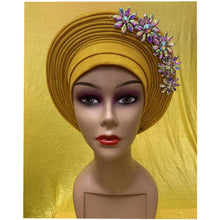 Load image into Gallery viewer, New Blue African Headtie Diamonds Women Turban Cap Muslim Headscarf Already Made to Hijab Turban for Wedding Gele XM420-2