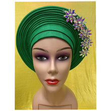 Load image into Gallery viewer, New Blue African Headtie Diamonds Women Turban Cap Muslim Headscarf Already Made to Hijab Turban for Wedding Gele XM420-2