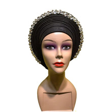 Load image into Gallery viewer, Latest Blue African Hijab Caps with Diamonds Already Made Aso Oke Gele Headtie Turban Head Wrap for Ladies XM424-1
