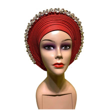 Load image into Gallery viewer, Latest Blue African Hijab Caps with Diamonds Already Made Aso Oke Gele Headtie Turban Head Wrap for Ladies XM424-1