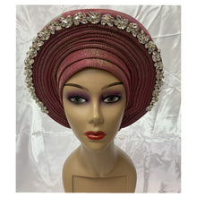 Load image into Gallery viewer, Latest Blue African Hijab Caps with Diamonds Already Made Aso Oke Gele Headtie Turban Head Wrap for Ladies XM424-1