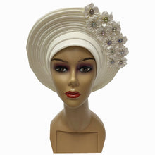 Load image into Gallery viewer, Gold Headtie Gele Nigerian African Hat Aso Oke Auto Gele Headtie Already Made Turban Cap for Women 1 Set