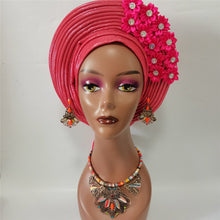 Load image into Gallery viewer, Gold Headtie Gele Nigerian African Hat Aso Oke Auto Gele Headtie Already Made Turban Cap for Women 1 Set
