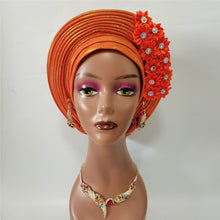 Load image into Gallery viewer, Gold Headtie Gele Nigerian African Hat Aso Oke Auto Gele Headtie Already Made Turban Cap for Women 1 Set