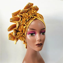 Load image into Gallery viewer, Gold Headtie Gele Nigerian African Hat Aso Oke Auto Gele Headtie Already Made Turban Cap for Women 1 Set