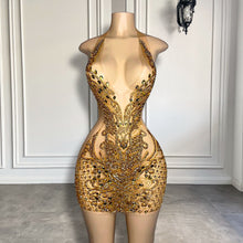 Load image into Gallery viewer, Sparkly See Through Sexy Women Birthday Party Gowns V-neck Luxury Crystals Black Girls Gold Short Prom Dresses 2022
