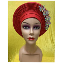 Load image into Gallery viewer, New Blue African Headtie Diamonds Women Turban Cap Muslim Headscarf Already Made to Hijab Turban for Wedding Gele XM420-2