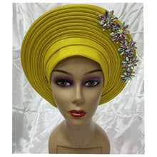 Load image into Gallery viewer, New Blue African Headtie Diamonds Women Turban Cap Muslim Headscarf Already Made to Hijab Turban for Wedding Gele XM420-2