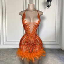 Load image into Gallery viewer, See Through Sexy Women Birthday Party Gowns Halter Sparkly Crystals African Black Girls Orange Mini Short Prom Dresses 2023