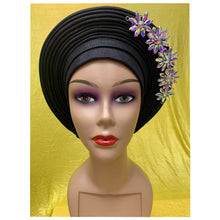 Load image into Gallery viewer, New Blue African Headtie Diamonds Women Turban Cap Muslim Headscarf Already Made to Hijab Turban for Wedding Gele XM420-2