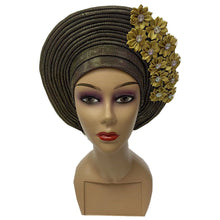 Load image into Gallery viewer, Gold Headtie Gele Nigerian African Hat Aso Oke Auto Gele Headtie Already Made Turban Cap for Women 1 Set