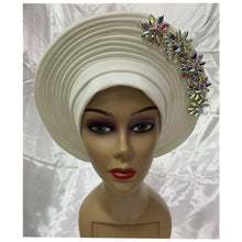Load image into Gallery viewer, New Blue African Headtie Diamonds Women Turban Cap Muslim Headscarf Already Made to Hijab Turban for Wedding Gele XM420-2