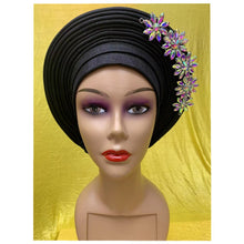 Load image into Gallery viewer, New Blue African Headtie Diamonds Women Turban Cap Muslim Headscarf Already Made to Hijab Turban for Wedding Gele XM420-2