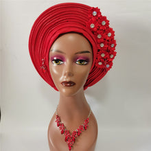 Load image into Gallery viewer, Gold Headtie Gele Nigerian African Hat Aso Oke Auto Gele Headtie Already Made Turban Cap for Women 1 Set