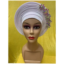 Load image into Gallery viewer, New Blue African Headtie Diamonds Women Turban Cap Muslim Headscarf Already Made to Hijab Turban for Wedding Gele XM420-2