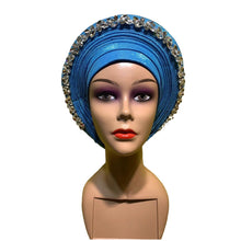 Load image into Gallery viewer, Latest Blue African Hijab Caps with Diamonds Already Made Aso Oke Gele Headtie Turban Head Wrap for Ladies XM424-1