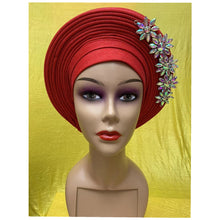 Load image into Gallery viewer, New Blue African Headtie Diamonds Women Turban Cap Muslim Headscarf Already Made to Hijab Turban for Wedding Gele XM420-2