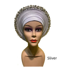 Load image into Gallery viewer, Latest Blue African Hijab Caps with Diamonds Already Made Aso Oke Gele Headtie Turban Head Wrap for Ladies XM424-1